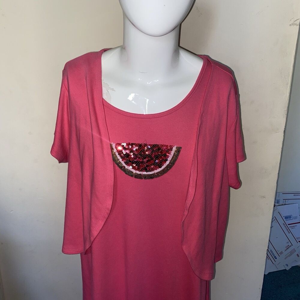 Quacker Factory Women’s PLUS Sz 2X Maxi Pink Watermelon Rhinestone W/ Jacket
